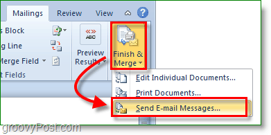 Outlook 2010-skjermbilde - fullfør og flett og send e-postmeldinger