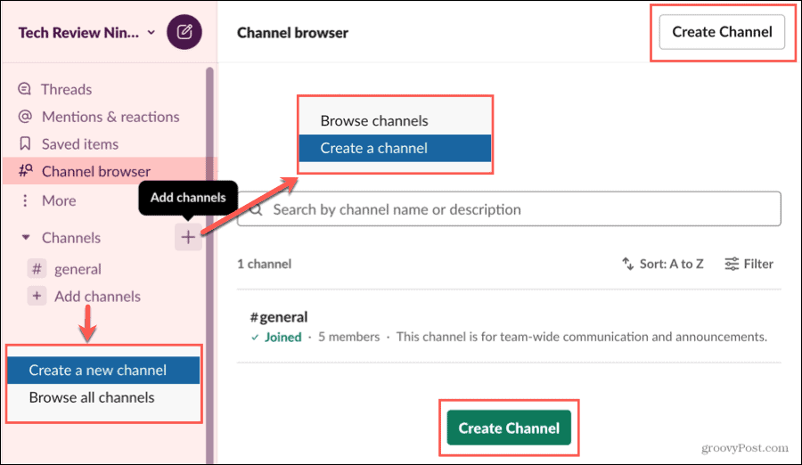 Opprett en kanal i Slack Channel Browser