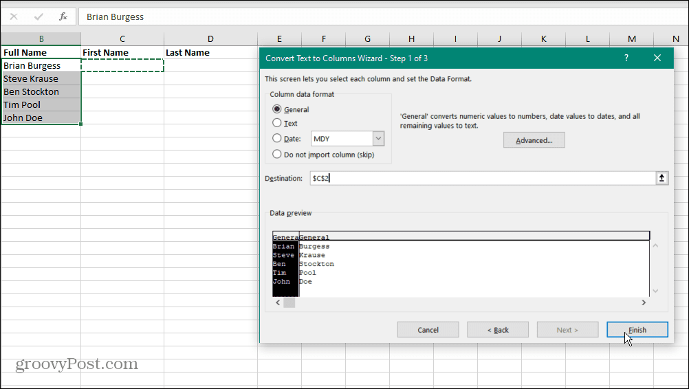 Separate navn i Excel