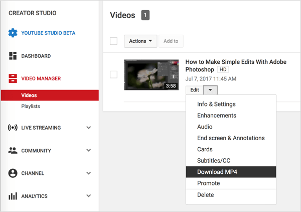 Naviger til videoen din i Video Manager, klikk på Rediger-knappen ved siden av YouTube-videoen din, og velg Last ned MP4.