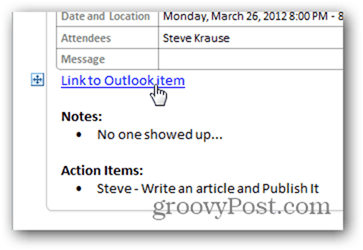 Klikk på Koble tilbake til Outlook-kalenderelementet