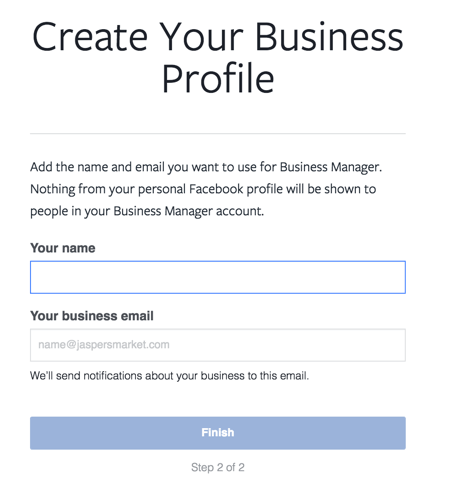 Skriv inn navn og arbeids-e-post for å fullføre konfigureringen av Facebook Business Manager-kontoen din.