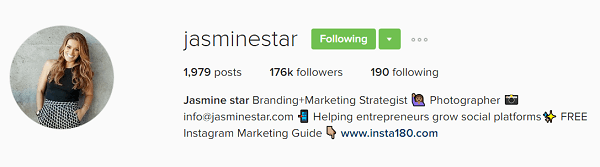 Jasmine Star's Instagram-profil bio viser verdien hennes.