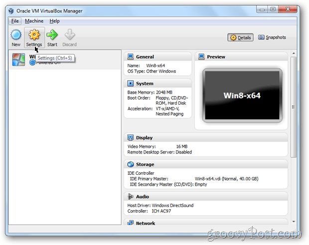 VirtualBox-innstillinger konfigurerer windows 8