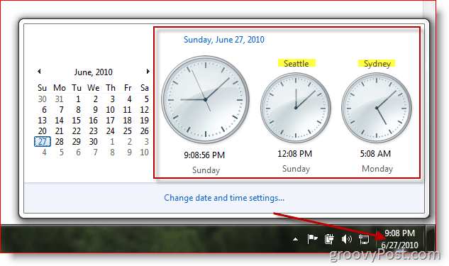 Microsoft Windows 7 som viser flere klokker i forskjellige tidssoner
